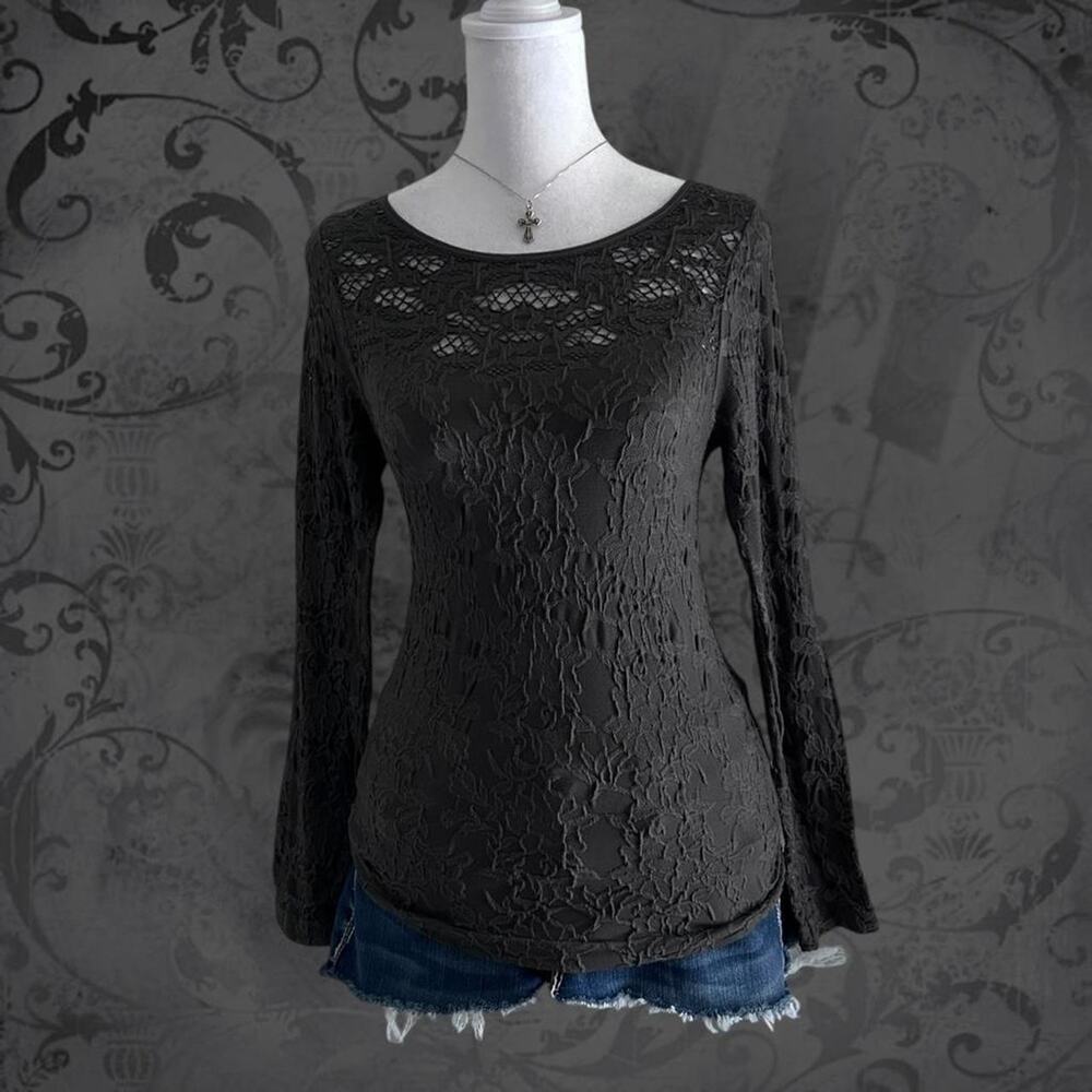 intricate floral burnout charcoal grey light knit fairy boho whimsical blouse